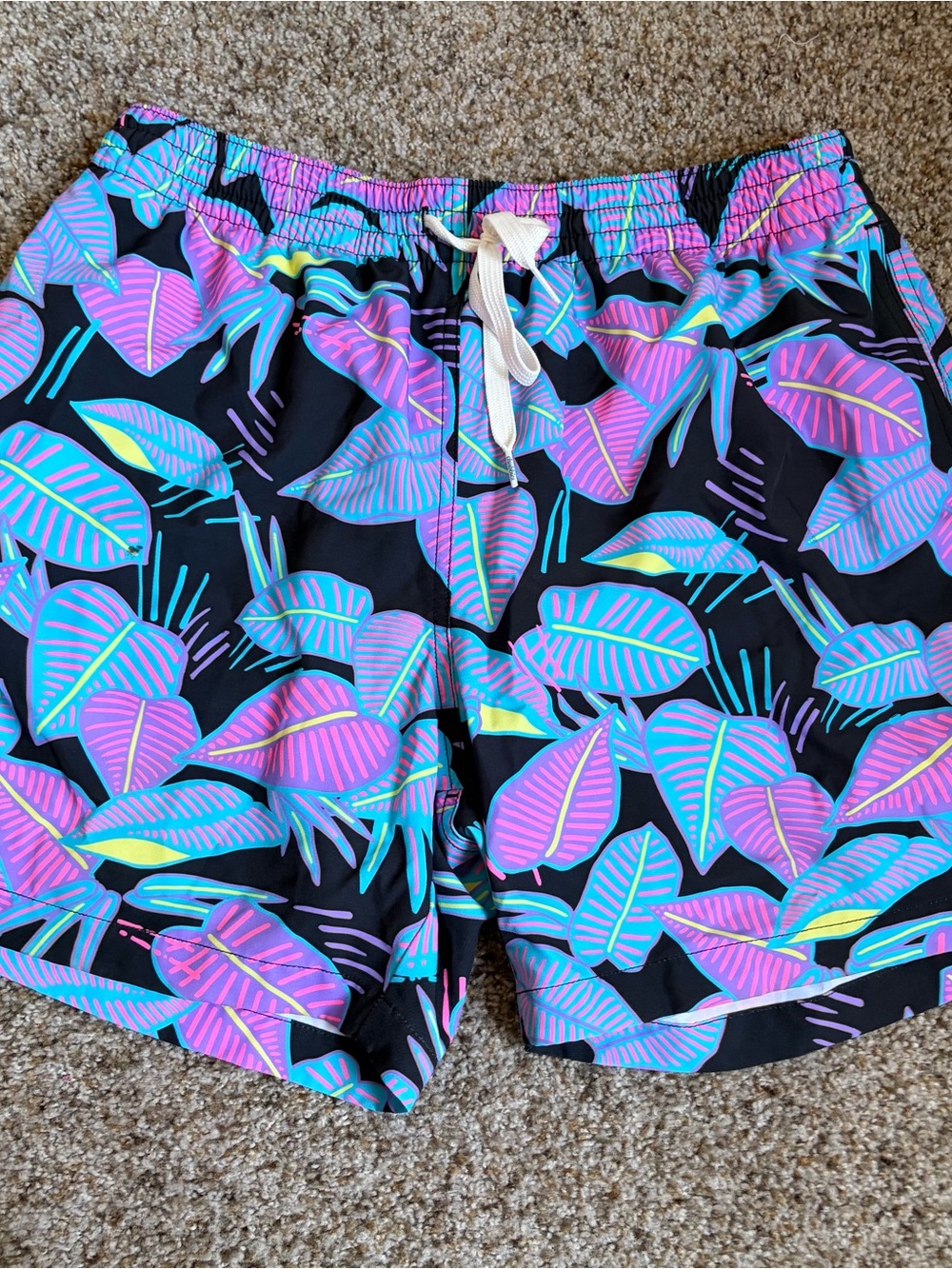 chubbies Black Swim Shorts with Pink, Teal & Yellow Tropical Leaves